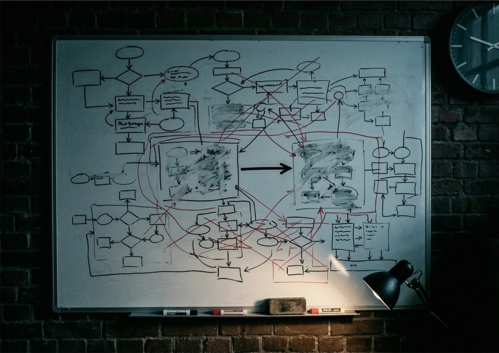 Whiteboard filled with connected diagrams for business systems