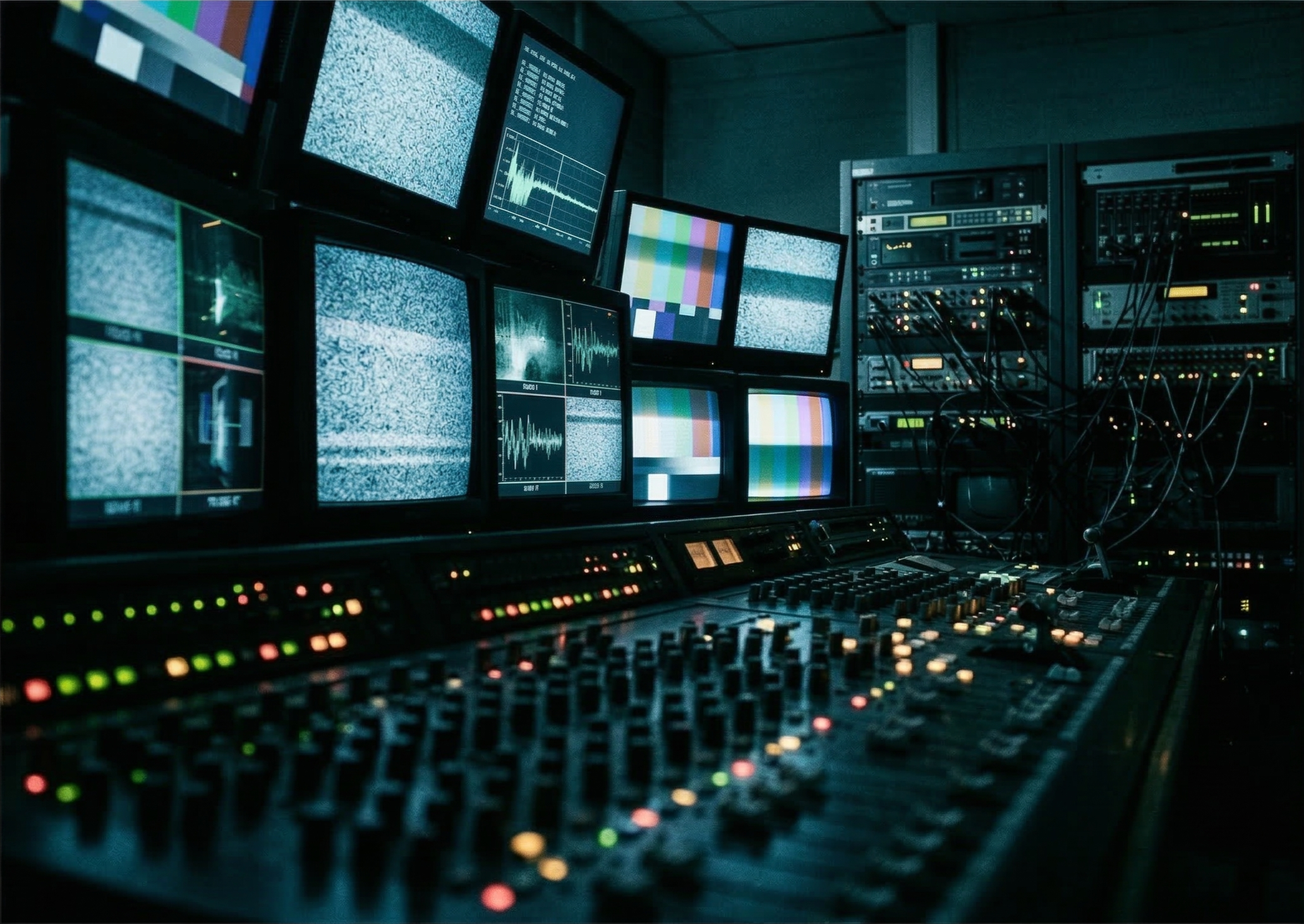 Control room filled with screens for media consulting