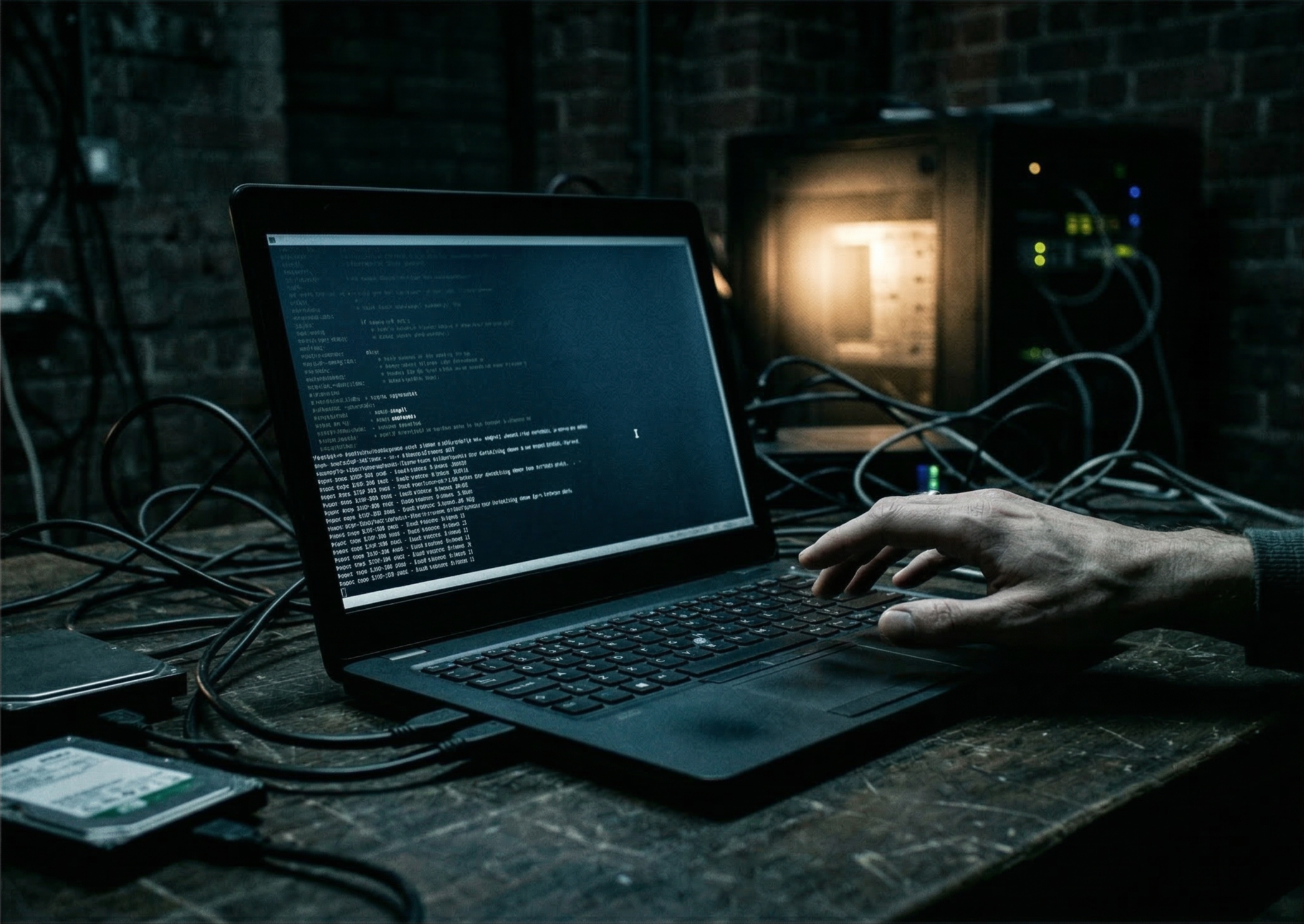 Laptop with code and cables for AI-assisted solutions