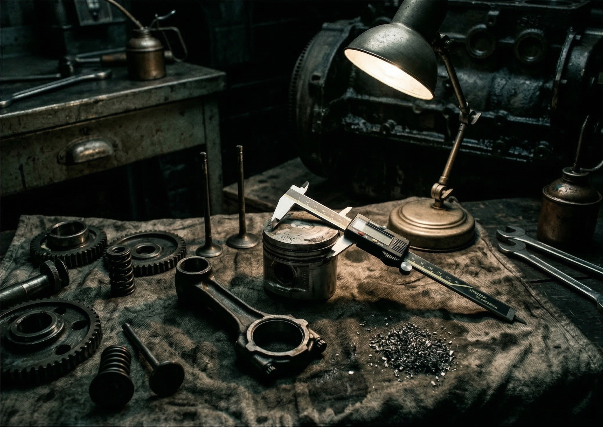 Mechanical parts on a workbench for restoration